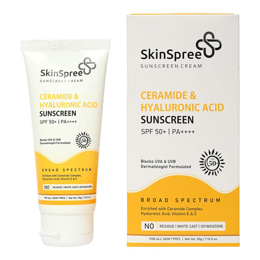 SkinSpree Sunscreen SPF 50+ & PA++++ for UVA, UVB and Blue Light Protection| Non Comedogenic | No White Cast | Lightweight cream formula for men and women | 50gm